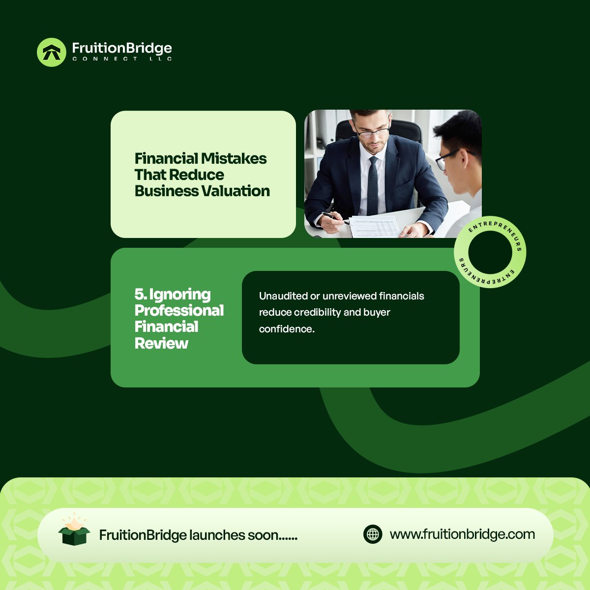 FruitionBridge's tweet photo. 5. Ignoring Professional Financial Review
Unaudited or unreviewed financials reduce credibility and buyer confidence.

Join our wait-list today.
https://t.co/RoQSeKjVQ0

#invest #Fintech #tech #entrpreneurship #business #fruitionbridge https://t.co/9MiaA8xyaX