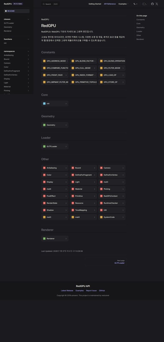 redcamel15's tweet photo. 🚀 RedGPU V3.9.1-Alpha Released!

We've supercharged our documentation for a much smoother DX.

✨ New Docs:
📖 New Manual: Freshly built with VitePress (KO/EN)
🤖 AI-Powered: API Docs automated & generated via Gemini

🛠️ Namespace Updates:
Engine features like Bound, Antialiasing, & ToneMapping are now standalone modules for cleaner code.

Explore the fresh new documentation:
🔗 Manual: https://t.co/lOJ2hRuKvw
🔗 API: https://t.co/uWoDk8mZj8

#RedGPU #WebGPU #Javascript #Gemini #VitePress