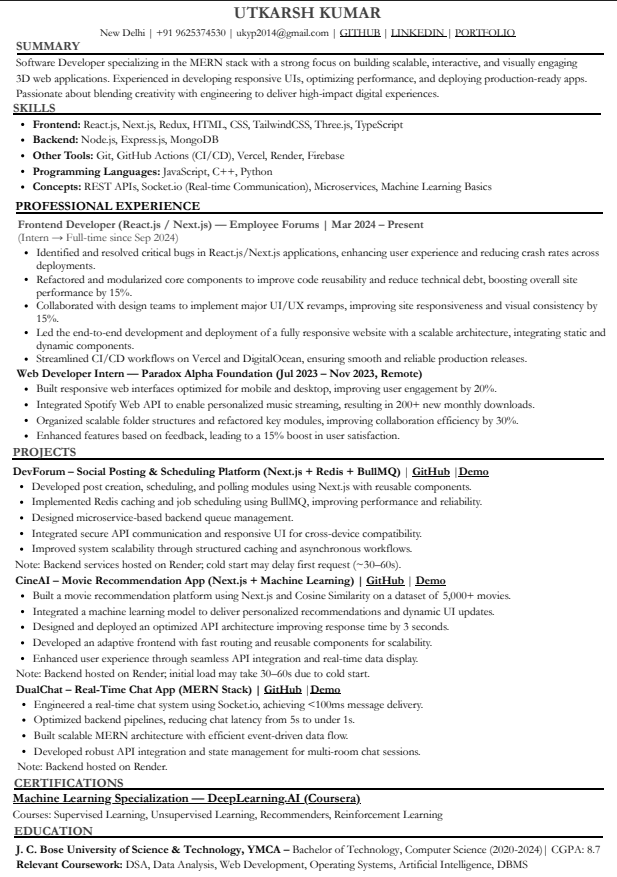 utkarsh_54's tweet photo. I’ve been applying to frontend / full-stack roles for a while now and not getting the responses I expected.

I’m sharing my resume here and would genuinely appreciate feedback from people in the industry —
what do you think I’m missing or should improve?
Open to honest criticism. https://t.co/OZ7OowNJdD