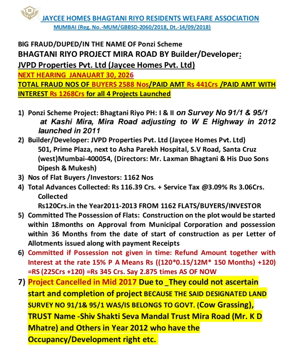 Bhagtani_JVPD's tweet photo. @Dev_Fadnavis Two Owners Flew  Dubai with  family except  director Dipesh Bhagtani in India released on bail SINCE 2019 Siphoned off Rs 441 Crs since 2011-3  it becomes with interest 2.875 times Rs 1268 Crs now ALL BUYERS LOOSING HOPE in courts since 2017 NOW ED MUST DO NEED full https://t.co/YE38h2KRGO