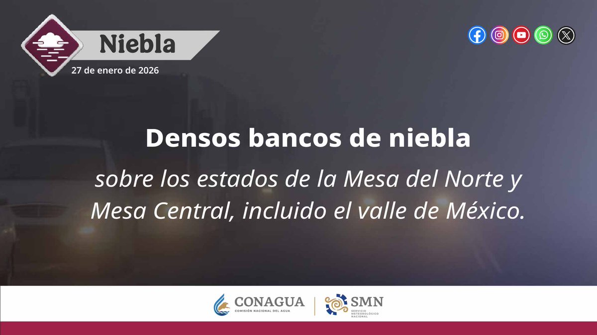 conagua_clima's tweet image. Prevalecerá el ambiente de muy #Frío a #Gélido con densos bancos de #Niebla en los estados de la Mesa del Norte y Mesa Central, incluido el #ValleDeMéxico. Ve el #Pronóstico de #Temperaturas mínimas para este martes 27 de enero, en la República Mexicana  ⬇️