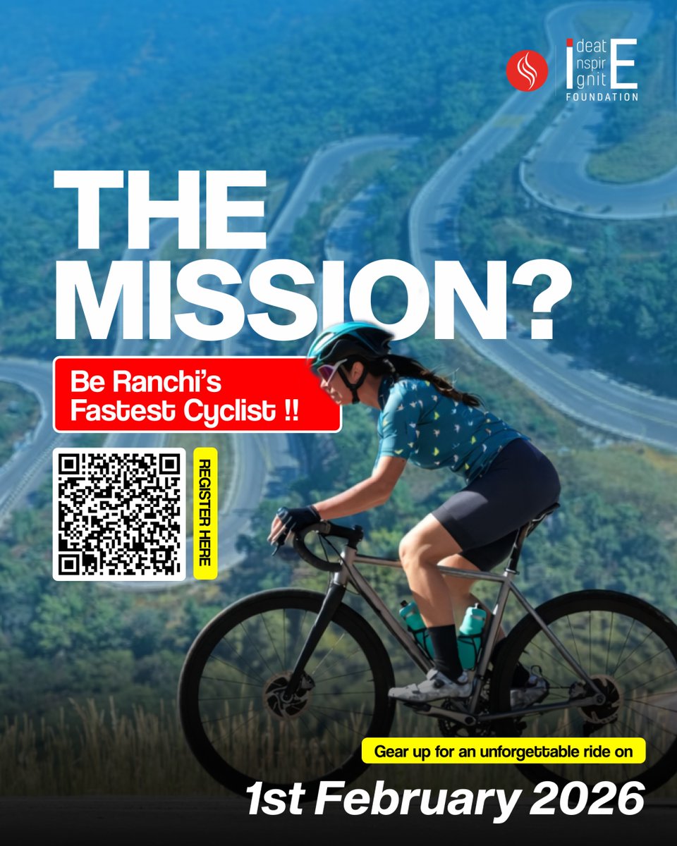 I3Foundation's tweet photo. Pause the routine. Choose the ride. 
Ride for balance, clarity &amp; community.

🗓 1 Feb 2026 | ⏰ 5:00 AM
📍 State Guest House, Morabadi
🛣 Morabadi → Kanke Rd → Bukru → Morabadi
🚴 25KM / 50KM | 💳 ₹50

Scan QR &amp; ride with purpose 

#Cyclothon2026 #i3Foundation #RanchiEvents https://t.co/zVsbP5GcQX