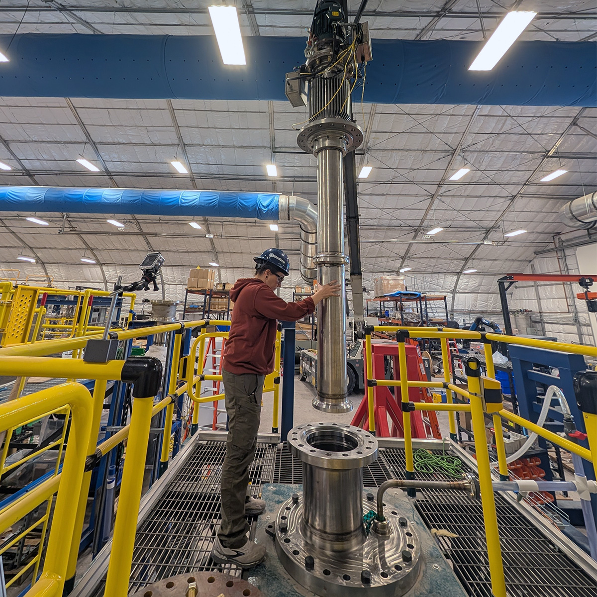 KairosPower's tweet photo. GOING WITH THE FLOW: We just completed water testing of this 👇 new auxiliary pump at our manufacturing facility in Albuquerque, N.M.

It builds on lessons learned from our primary salt pump and is the first molten salt pump designed, built, and tested in-house that can be remotely replaced.

Why does this matter?

🔧Our customers will need reliable pumps that can be quickly serviced to maintain operations.

The pump will be part of an auxiliary system for our second Engineering Test Unit to support demonstration of salt sampling and chemistry control of the Flibe salt coolant later this summer.