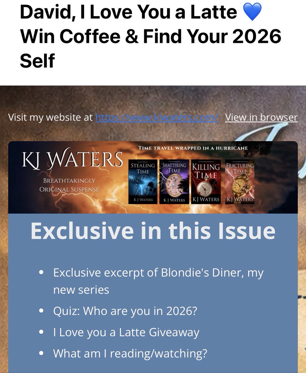 davepperlmutter's tweet image. Love receiving newsletters from @KJWatersAuthor ❤️ #coffee #latte #BookBoost #BooksMakeGreatGifts #BooksWorthReading #ShamelessSelfpromoTuesday 💙