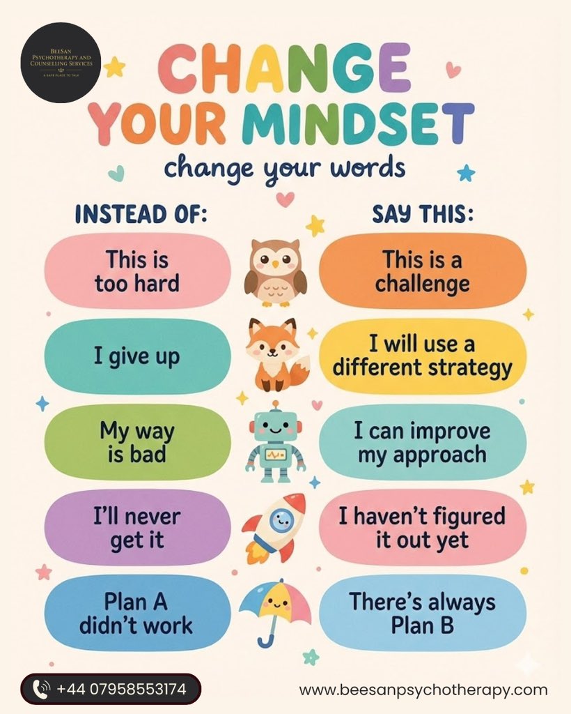 Small changes in the words you use can create big changes in the way you think 🌱
Choose growth. Choose kindness to yourself.

#ChangeYourMindset #PositiveSelfTalk #GrowthMindset #MentalWellbeing #TherapyWorks