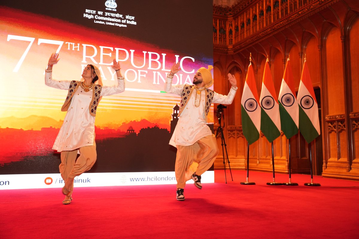 Team <a href="/HCI_London/">India in the UK</a> celebrated India’s #77thRepublicDay with a reception at the historic <a href="/GuildhallLondon/">Guildhall London</a>. Friends of India joined us in celebrating the values of constitutional democracy that define the Republic of India, and its journey. The festive tone was set by dhol and
