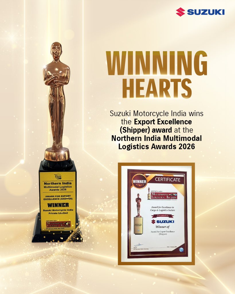 suzuki2wheelers's tweet image. Suzuki Motorcycle India wins the Export Excellence (Shipper) Award at the Northern India Multimodal Logistics Awards 2026, hosted by EXIM India.
A milestone shaped by strong systems, seamless logistics, and execution at scale.

#SuzukiIndia #SuzukiMotorcycle #ExportExcellence