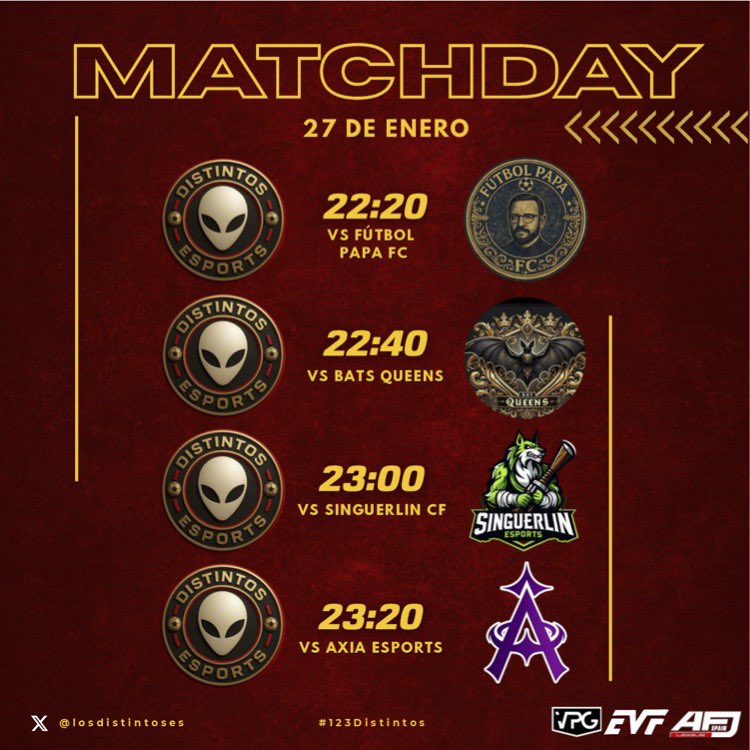 👽VUELVEN LOS DISTINTOS REPETIMOS EL MISMO 11 DE NUESTRO PLENO👽

<a href="/CPG_Spain/">CPG SPAIN</a> 22:20⏰
Distintos vs <a href="/FutbolPapaFC_/">Fútbol Papa FC</a> 🏆

<a href="/AFJLeague/">AFJ España 🇪🇸 🎮</a> 22:40⏰
Distintos Vs <a href="/BatQueens_/">BatQueens</a> 🏆

<a href="/VPG_Spain/">Virtual Pro Gaming España</a> 23:00⏰
Distintos Vs <a href="/SinguerlinCP/">Singuerlin CF eSports</a> 🏆

<a href="/VPG_Spain/">Virtual Pro Gaming España</a> 23:20⏰
Distintos Vs <a href="/AxiaEsports/">AXIA</a> 🏆

#123Distintos