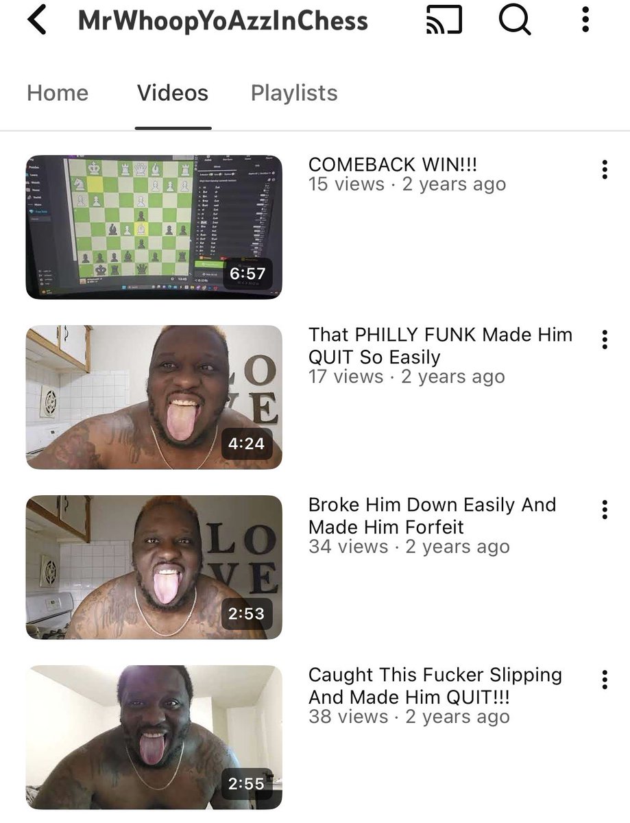 MrWhoopYoAzzInChess is one of the greatest undiscovered artists of our generation. He’s like 1100 Elo always bragging about his chess W’s like “I fucked him up” “I made him quit.” All his game analyses start with him shirtless talking shit into the camera