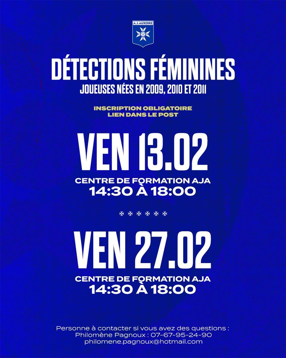 🔵 𝐑𝐞𝐣𝐨𝐢𝐠𝐧𝐞𝐳 𝐥𝐞𝐬 𝐟𝐞́𝐦𝐢𝐧𝐢𝐧𝐞𝐬 𝐝𝐞 𝐥'𝐀𝐉𝐀 ! ⚪

L’AJA organise deux journées de détection, les 13 et 27 février, pour les joueuses nées en 2009, 2010 et 2011.

💻Pour s’inscrire 👉 docs.google.com/forms/d/e/1FAI… 

#TeamAJA