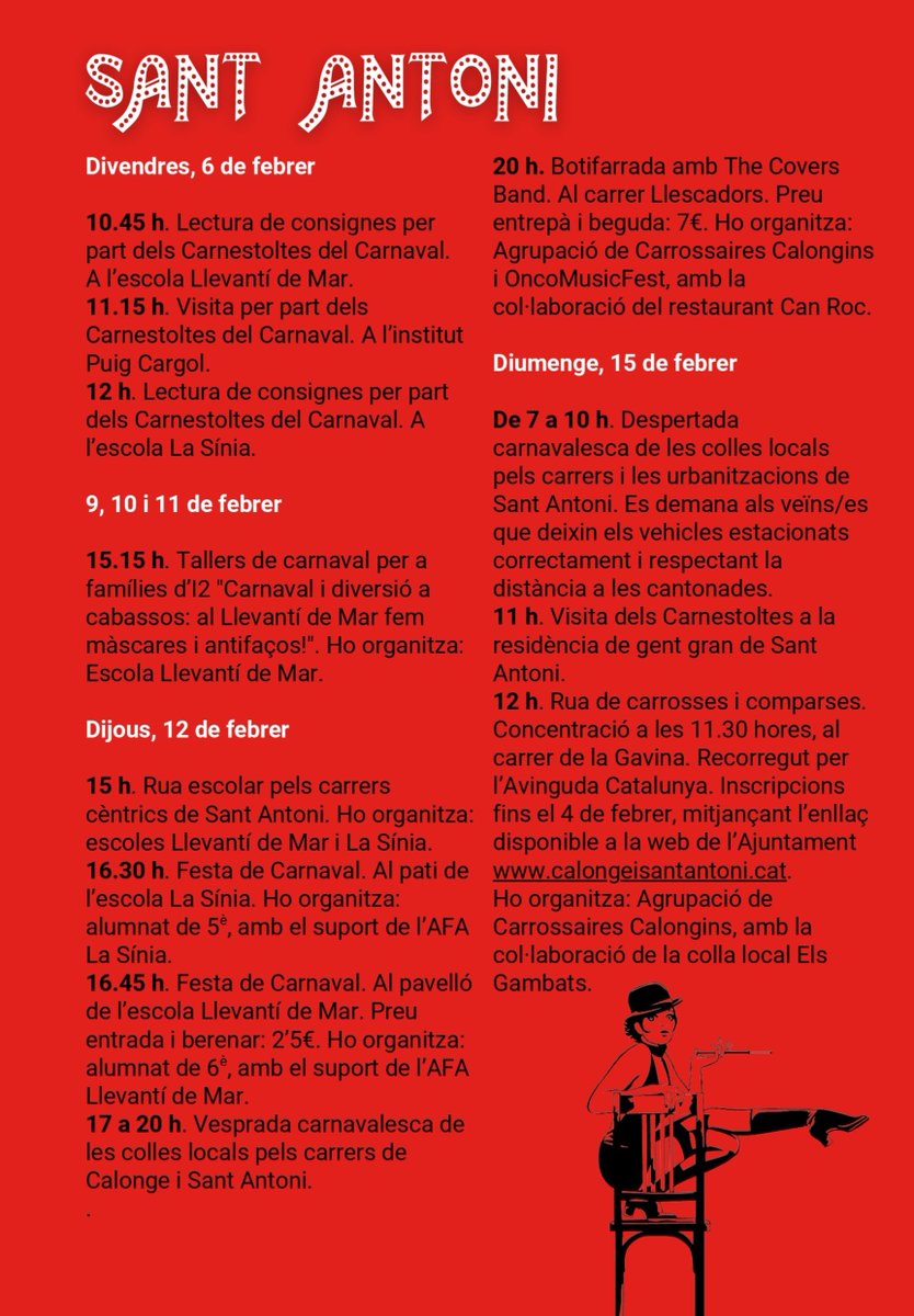 ajuntcalonge's tweet photo. 🎭 Del 6 al 24 de febrer, Calonge i Sant Antoni viu el Carnaval!

🗓️Podeu consultar el programa d'actes a les imatges d'aquesta publicació o a https://t.co/eRxG1qzOWD

#CalongeiSantAntoni #Carnaval2026 https://t.co/Z5QzlycqVG