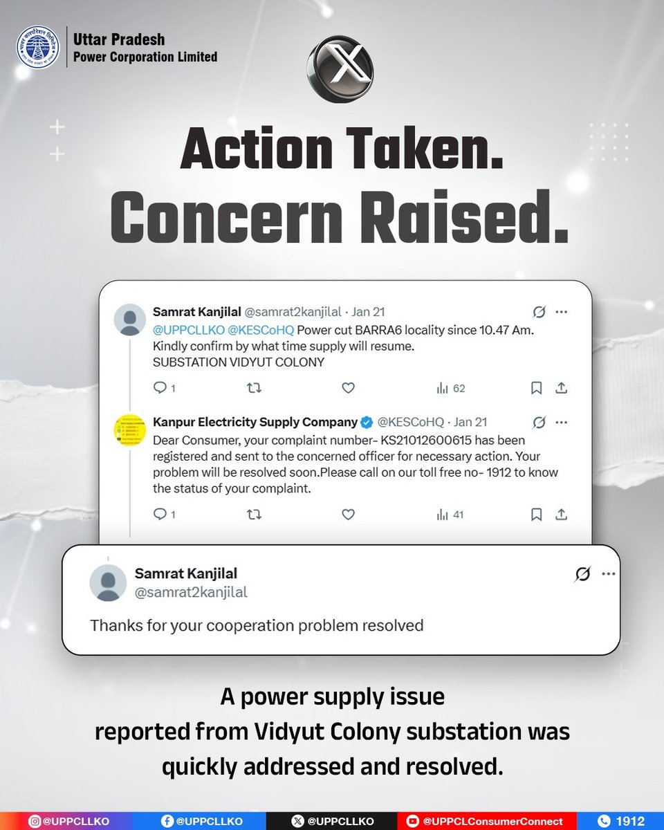UPPCLLKO's tweet photo. Consumer concerns are taken seriously and acted upon without delay. Our teams work round the clock to restore power and ensure reliability.
#IssueResolved #PowerRestored
@CMOfficeUP
@EMofficeUP
@aksharmaBharat
@mduppcl https://t.co/AtLfCvNspk