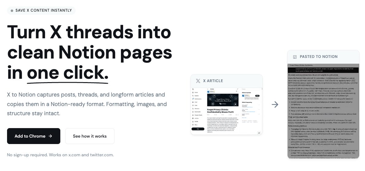 jooddang's tweet photo. 🧵→📚 X to Notion: Stop losing alpha threads

Tired of screenshotting #CT threads or losing that research-heavy tweetstorm?

I built this Chrome extension to solve a problem every crypto researcher faces: @X is where the alpha drops, but @NotionHQ is where we actually organize research.

What it does:
One click → extracts entire threads (or article) → pastes perfectly into Notion with all images, formatting, and links intact.

Why you need this:
- That 47-tweet onchain data analysis? Saved in 1 second.
- Tokenomics breakdown with charts? Images included.
- Protocol deep-dive threads? All formatting preserved.

Perfect for:
- Crypto researchers building knowledge bases
- VCs tracking narrative shifts
- Analysts organizing alpha sources
- Anyone tired of copy-pasting tweets one by one

No accounts. No API keys. 
Just install, click, paste.