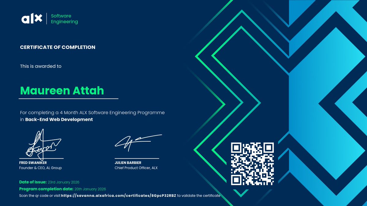 ShereFoste38792's tweet photo. I am pleased to announce that I have successfully earned my Software Engineering (Backend Developers) certification from @ALX Africa.
This journey was marked by invaluable lessons, late nights, personal growth, discipline, consistency, and a strong sense of purpose. https://t.co/azB1n5Uzgl