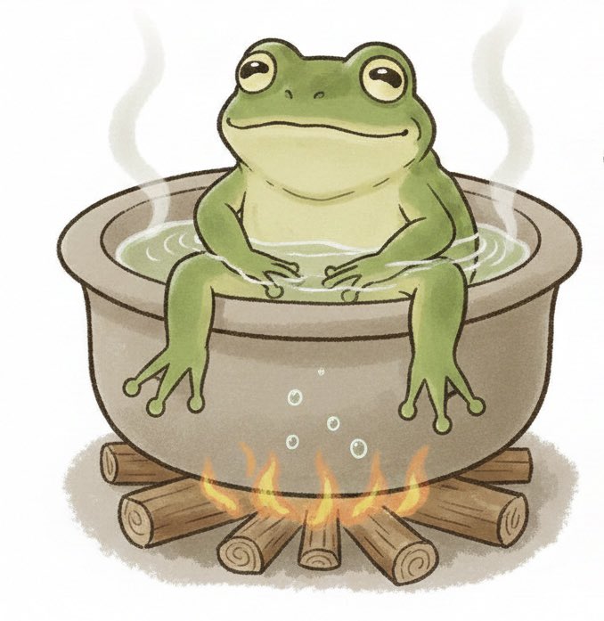 AI作成の茹でガエル
のイラスト

一億総カルト
これに気がついてほしい

お金があれば
幸せになれるという迷信

武力で
平和は守れるという迷信に
惑わされないでほしい
(中村哲さん)

さらに
テレビ新聞は正しいという迷信
youtubeやインスタの動画こそ正しいという迷信
に惑わされないでほしい