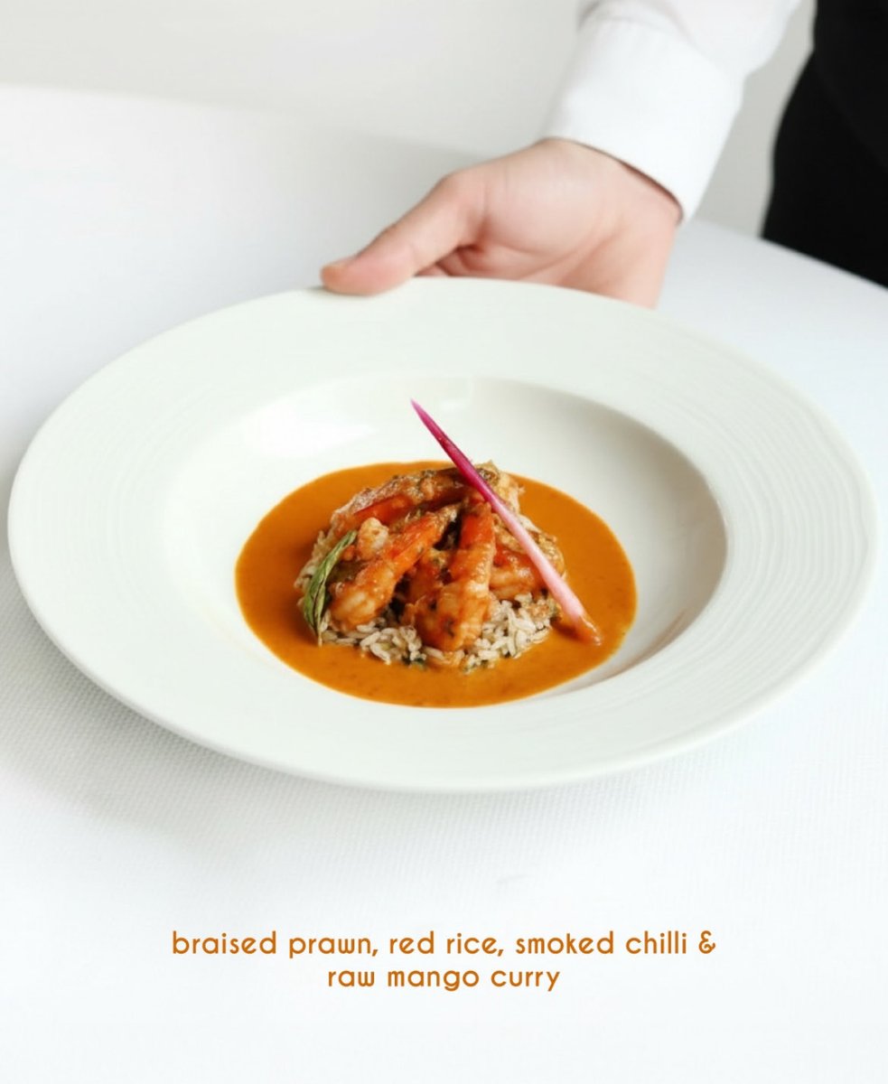 Indian_Accent's tweet photo. braised prawn, red rice, smoked chilli and raw mango curry - warm, bright, and exactly the kind of dish that makes you slow down and enjoy every bite. https://t.co/DWOMqsX8Mi