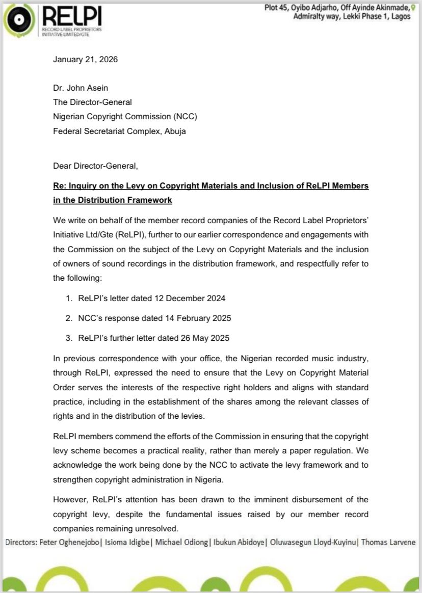 Major Nigerian record labels are pushing back against the NCC’s plan to channel copyright levies through MSCN, raising concerns about representation, transparency, and who truly speaks for sound recording owners.
Credits to <a href="/ade_adeayo/">ADEAYO</a> and <a href="/fozadoza/">Foza Billions (The Oracle)</a> who broke the developing story