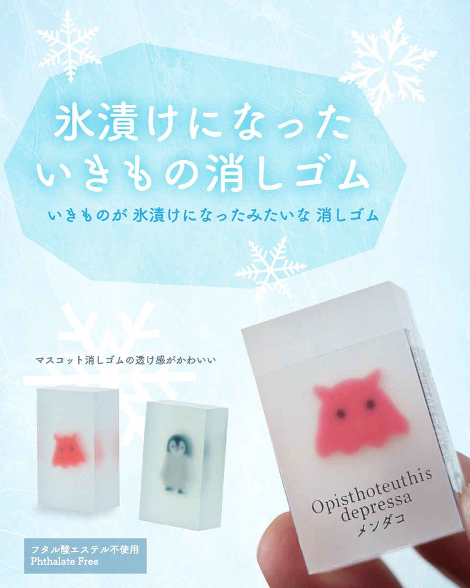 sunstar_now's tweet photo. ＼新商品情報／
氷漬けになったいきもの消しゴム
いきもののマスコット消しゴムを透明な消しゴムに閉じ込めました
透明ケースにはいきものの名前を箔押しし、まるで標本のようなビジュアル👀
大きないきものverと小さないきものverがあります。
どのいきものが好きかコメントでぜひ教えてください〜

◾️氷漬けになったいきもの消しゴム ¥385-(税込)
おおきないきもの
あざらし/ペンギン/しろくま/ラッコ/サメ
ちいさないきもの
メンダコ/ふぐ/ウーパールーパー/クリオネ/クラゲ

#サンスター文具 #消しゴム #氷漬けになったいきもの消しゴム
