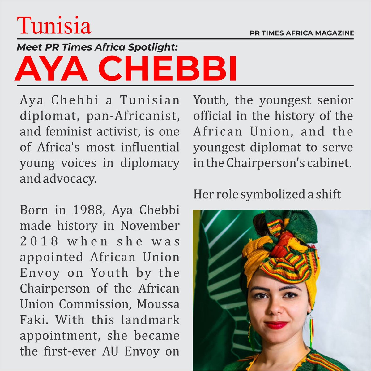 prtimesafrica's tweet photo. PR Times Africa Spotlight :
Aya Chebbi (Tunisia) is redefining African diplomacy through youth power,the first-ever AU Envoy on Youth, she continues to inspire a new generation to lead boldly and inclusively.
#PRTimesAfrica #SpotlightTuesday #AyaChebbi #YouthLeadership #tunisia https://t.co/mmM0GOnv7O