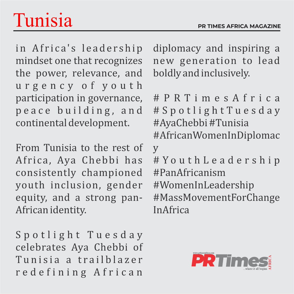 prtimesafrica's tweet photo. PR Times Africa Spotlight :
Aya Chebbi (Tunisia) is redefining African diplomacy through youth power,the first-ever AU Envoy on Youth, she continues to inspire a new generation to lead boldly and inclusively.
#PRTimesAfrica #SpotlightTuesday #AyaChebbi #YouthLeadership #tunisia https://t.co/mmM0GOnv7O