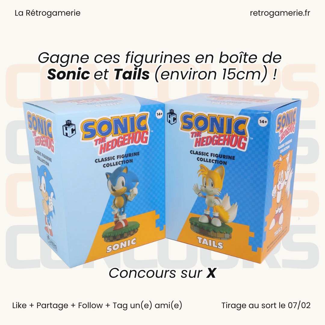 Nouveau #concours 🍀

Gagne ces figurines en boîte de Sonic et Tails (environ 15cm) 🧡

Pour avoir une chance, il faut :
✅Suivre la Rétrogamerie
✅Liker et partager ce post
✅Tag un(e) ami(e)

Tirage au sort le 07/02, envoi par Mondial Relay uniquement. 
Bonne chance ! 💙