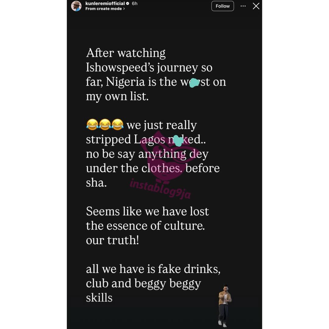 instablog9ja's tweet photo. Jaws Drop as Kunle Remi
Ranks IShowSpeed's Nigeria Visit https://t.co/CerMTZXUTS