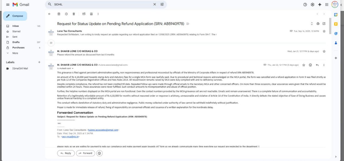ca_shakibone's tweet photo. A statutory refund application pending with the Ministry of Corporate Affairs for over 6 months, despite full compliance and repeated electronic &amp; physical representations, reflects grave administrative apathy. Withholding public money without a speaking order is arbitrary#EODB https://t.co/9LPIWW5Mzg