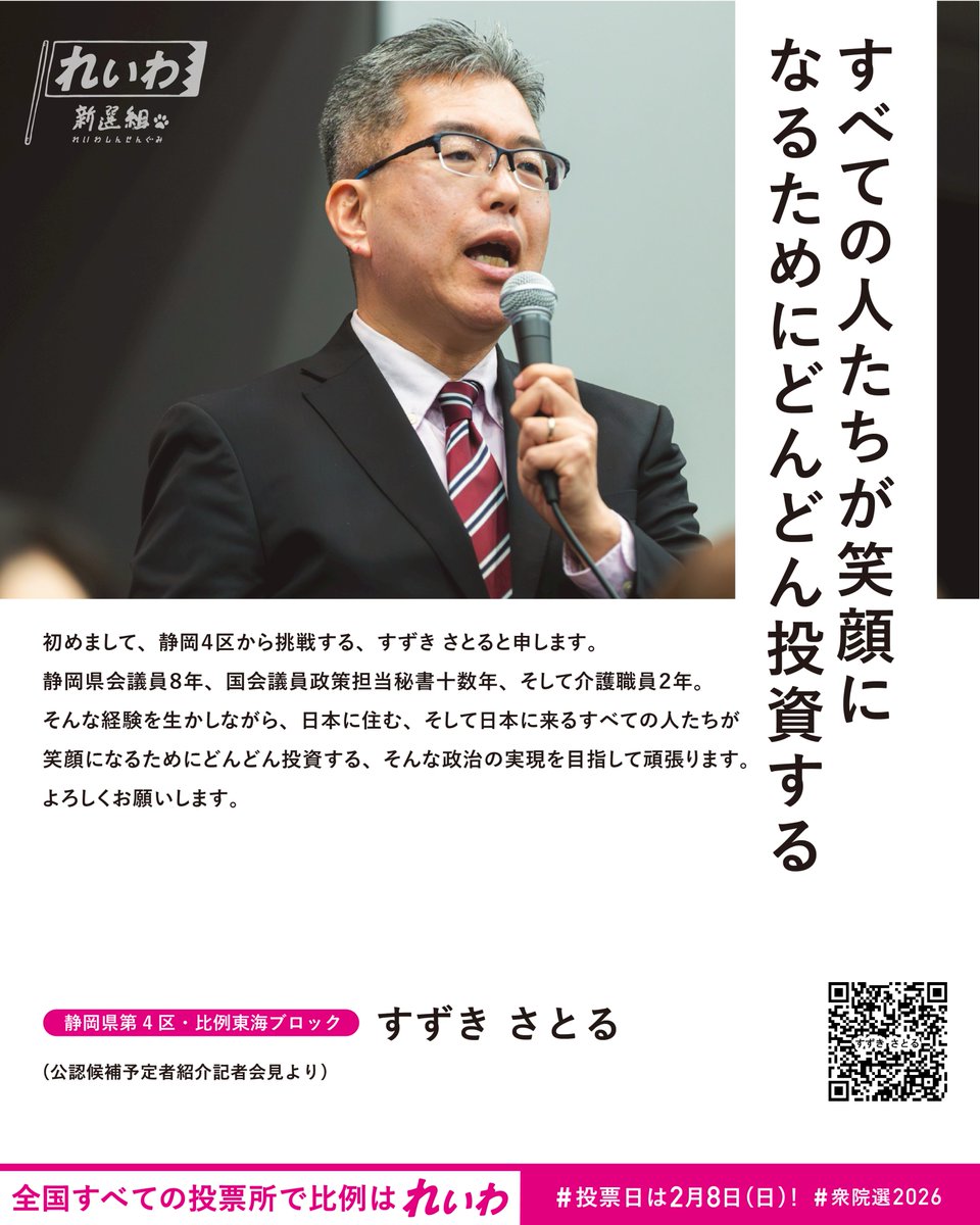 reiwashinsen's tweet image. 「すべての人たちが笑顔になるためにどんどん投資する」

れいわ新選組公認候補
すずきさとる
静岡県第4区・比例東海ブロック

▶▶▶スピーチバナーのダウンロードは特設ページにて！
shu51.reiwa-shinsengumi.com/speechbaneer20…

#衆院選2026
 ＼投票日は2月8日(日)🗳／

⬛選挙区の投票用紙は、…