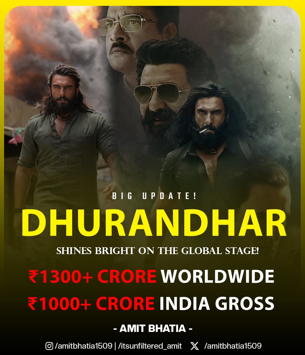 amitbhatia1509's tweet photo. Defying every expectation, #Dhurandhar continues its historic theatrical journey!
₹1051+ Cr India Gross | ₹1344+ Cr Worldwide
8th Weekend & still going strong — India’s first single-language Hindi film to cross ₹1000 Cr! 🔥
#BoxOfficeKing #IndianCinema #SpyAction #Dhurandhar #Blockbuster #GlobalPhenomenon #RecordBreaker #MovieMilestone #CinemaMagic