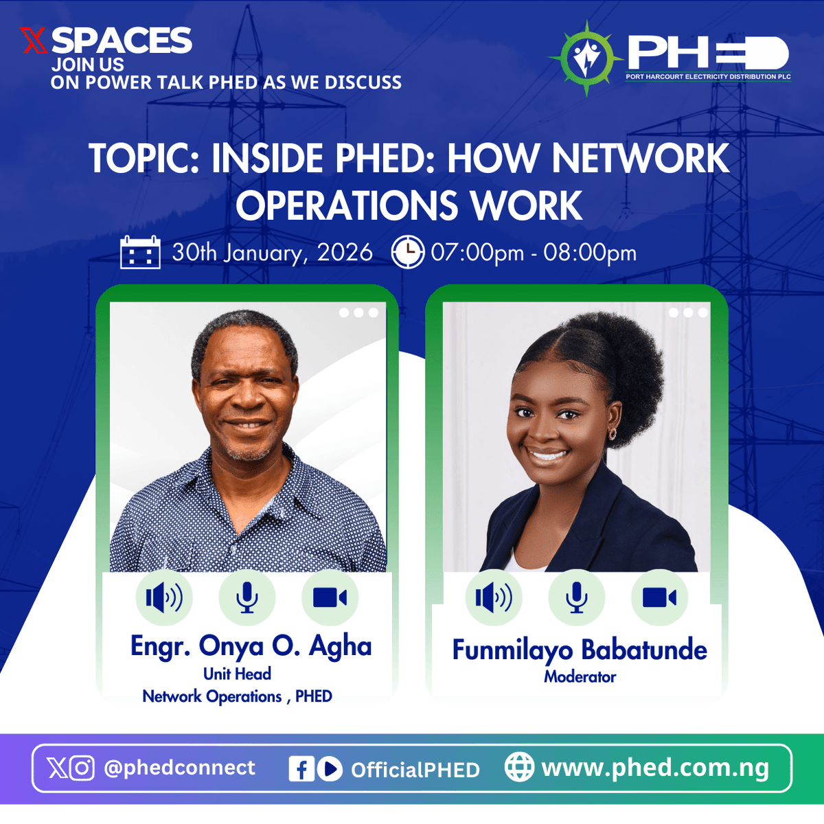 PHEDconnect's tweet photo. Join us on Power Talk with PHED on X Spaces
TOPIC: Inside PHED: How Network Operations Work
Date: Friday, 30th January 2026
Time: 7:00pm
#PowerTalkWithPHED #InsidePHED #NetworkOperations
#RiversState #Bayelsa #AkwaIbom https://t.co/hdr5yo2779