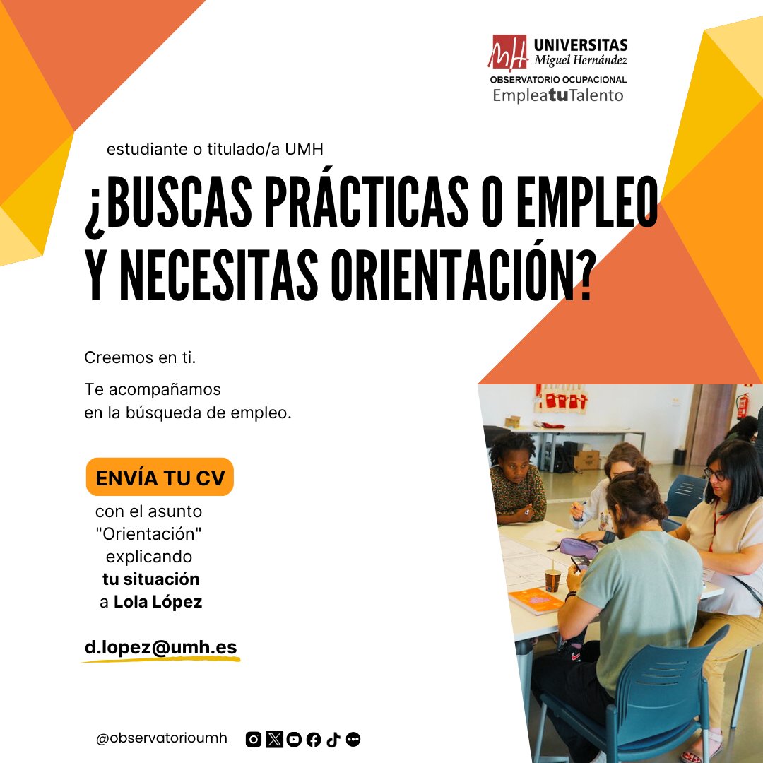 observatorioumh's tweet photo. 👧¿Eres estudiante de la @UniversidadMH o @AlumniUMH y💻🧐estás buscando #prácticas #empleo o quizá #orientacion?
🌟Creemos en ti y te guiamos en la tarea de #búsquedaempleo😊
📂Envía ya mismo tu #CV
📑Asunto: "Orientación" a:
📩d.lopez@umh.es https://t.co/VtYQh3fyv3