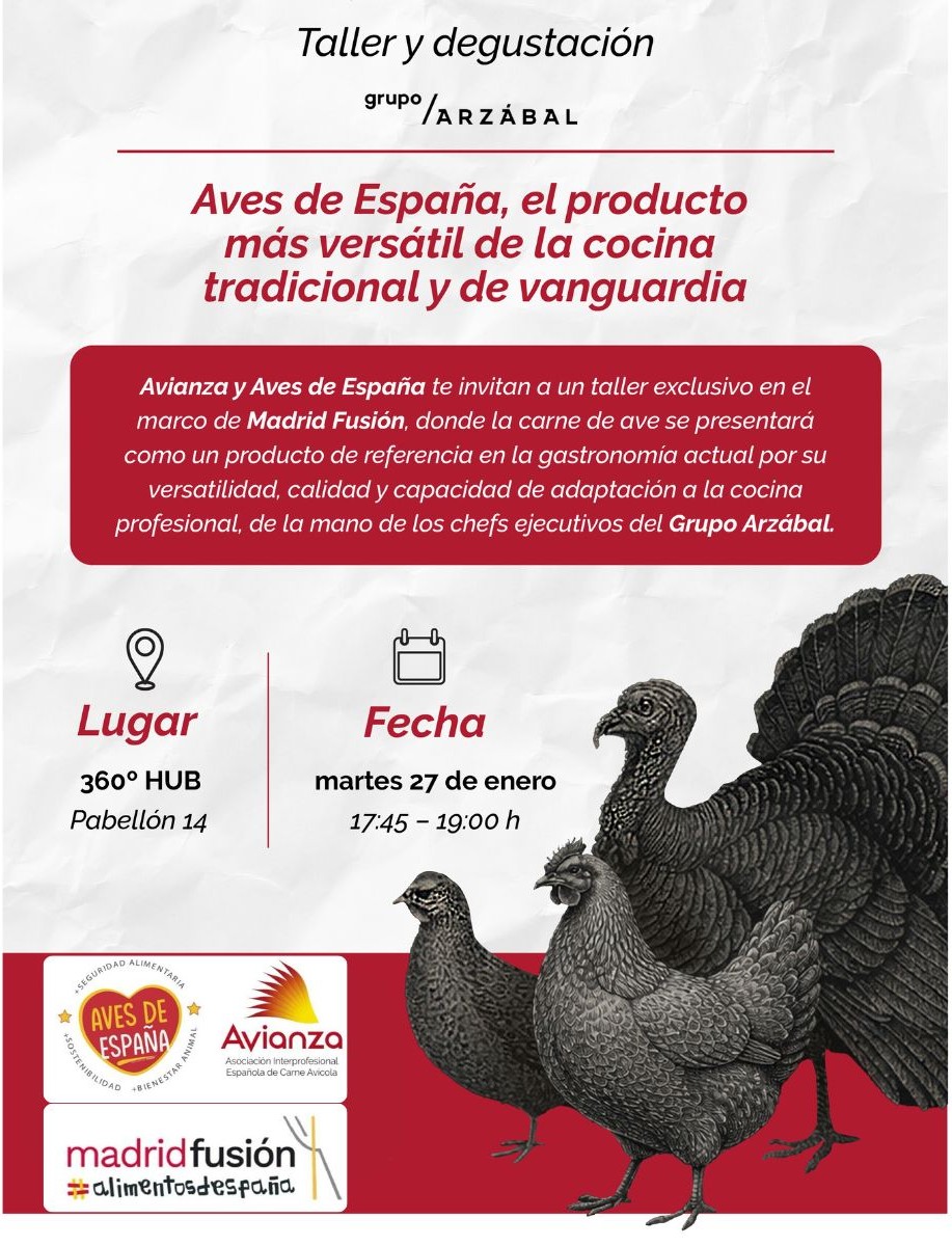 Esta tarde llevaremos a cabo el #taller y #degustación de #AvesdeEspaña en <a href="/madridfusion/">madrid fusion</a>  de la mano del #GrupoArzábal

En el espacio #360ºHUB mostraremos la #versatilidad, #calidad y #potencial de nuestras #aves en la cocina de #vanguardia

No dudes en acercarte ¡Te esperamos!