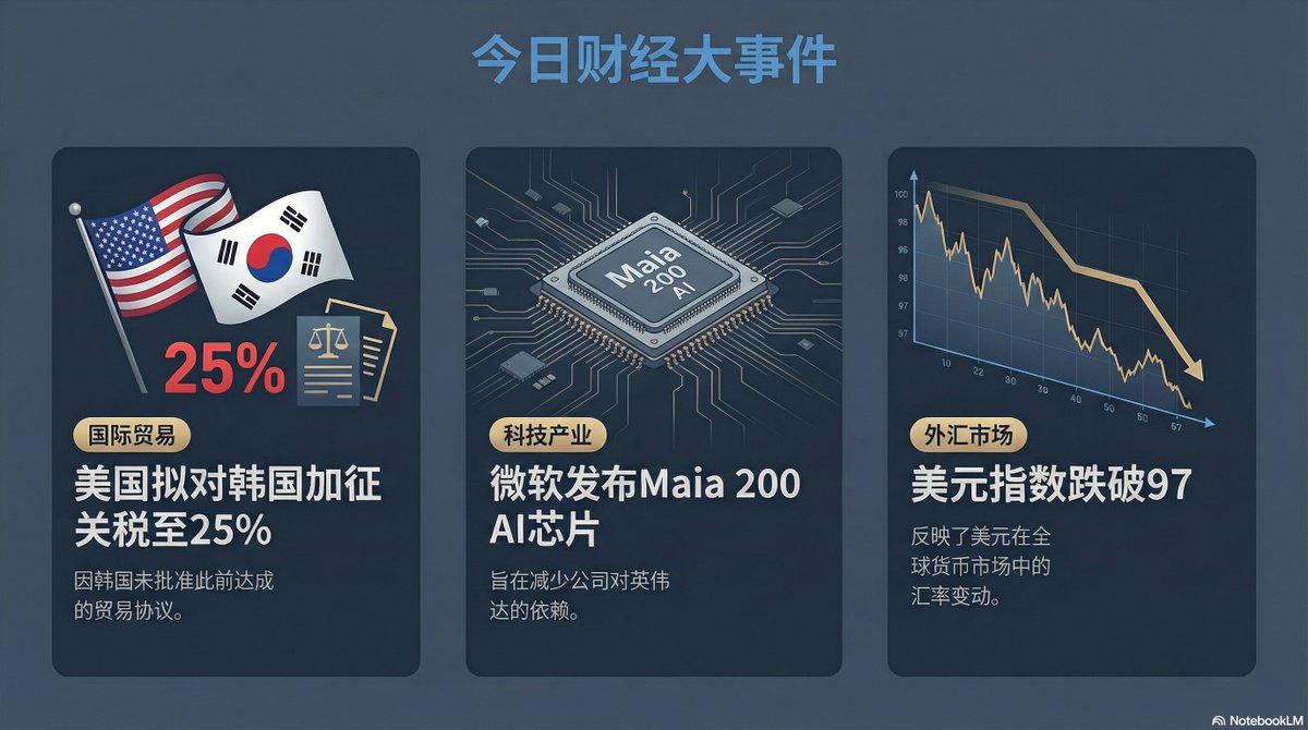 今日财经头条：

1. 因韩国未批准此前达成的贸易协议，特朗普将对其关税提高至 25%； 
2. 微软推出 Maia200 AI 芯片以减少英伟达依赖 
3. 美元指数跌破 97 美元以下