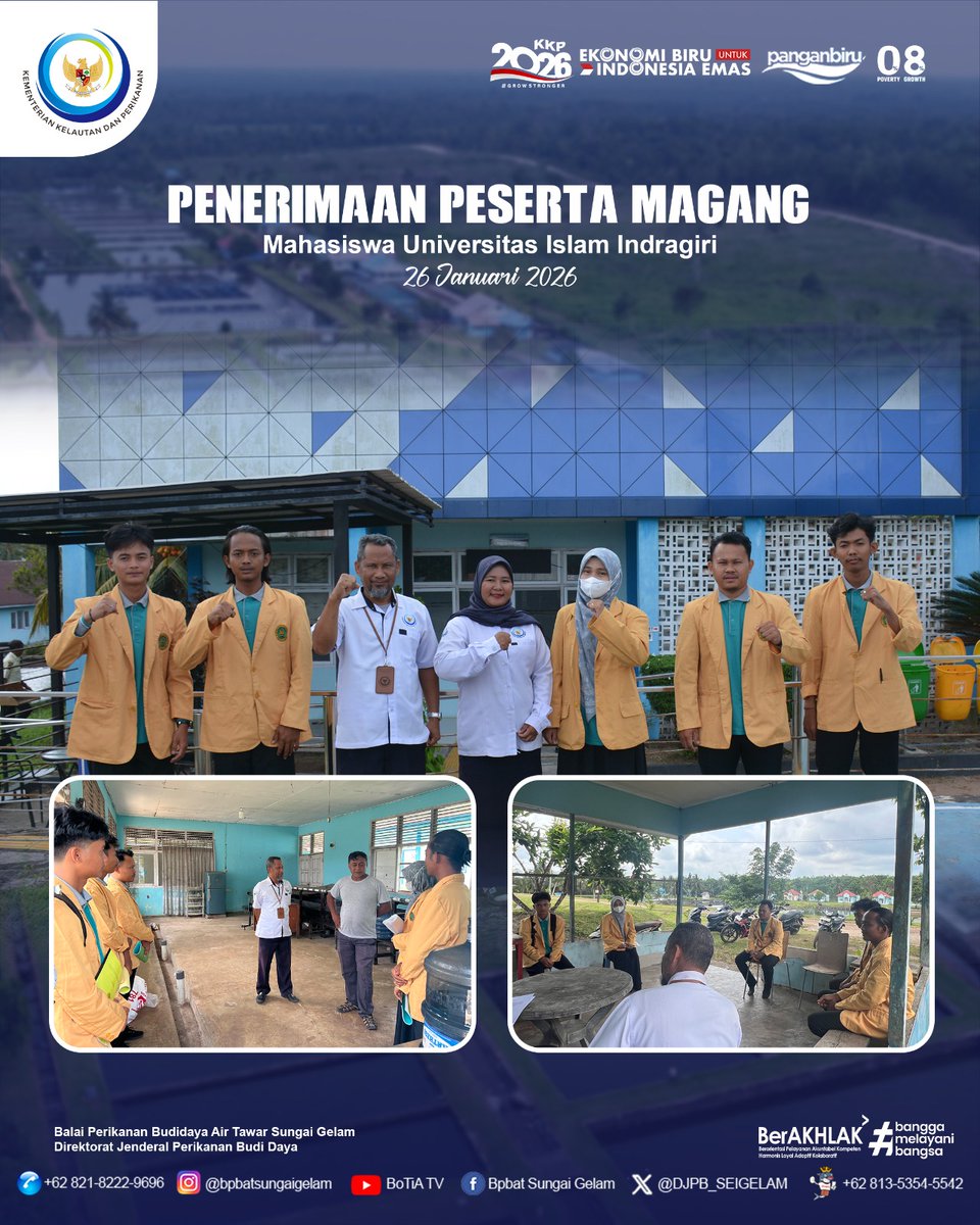 DJPB_SEIGELAM's tweet photo. Senin, 26 Januari 2026, BPBAT Sungai Gelam Jambi kembali menerima 5 peserta magang baru dari Universitas Islam Indragiri.

Selamat bergabung dan selamat belajar.

📞 Layanan BPBAT Sungai Gelam Jambi:
0821-8222-9696

#BPBATSungaiGelam
#MagangPerikanan
#PerikananBudidaya https://t.co/EIeAM0DXYH