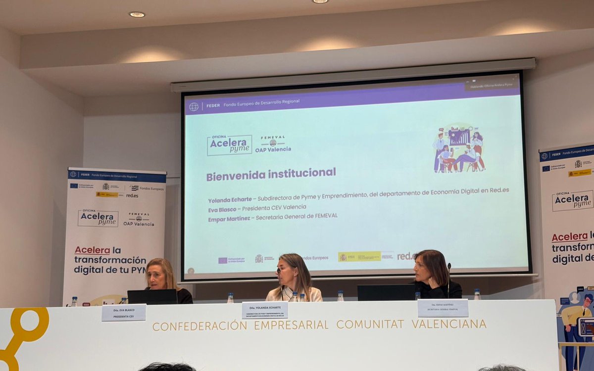 CEV_CV's tweet photo. 👥La presidenta de #CEVValencia participa en el acto de presentación de la Oficina Acelera Pyme de @FEMEVALes
🗣️ @eiblasco: "La #digitalización no se construye en solitario, requiere acompañamiento, y precisamente ahí es donde la Oficina Acelera Pyme de #FEMEVAL cobra todo su sentido"