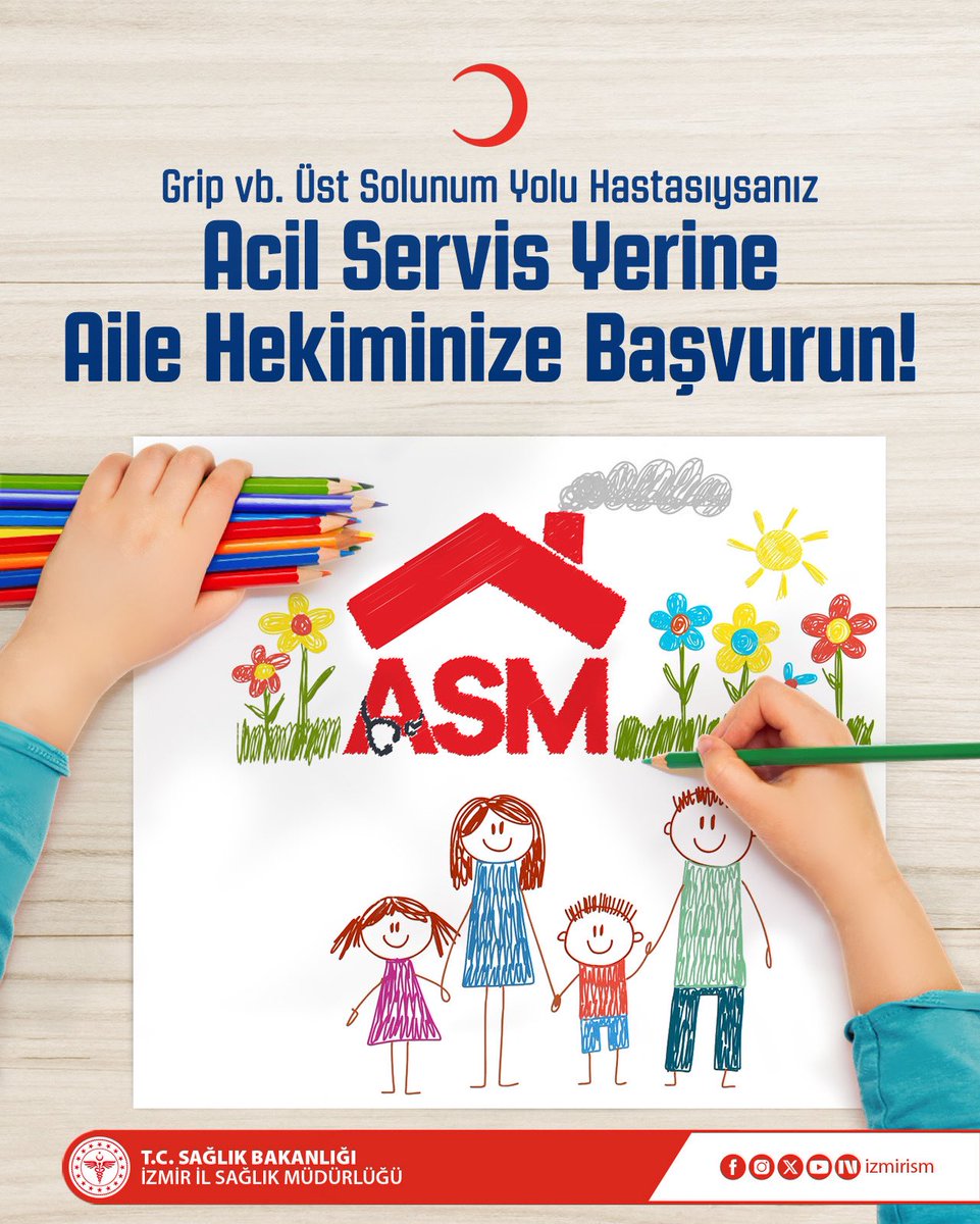 Grip ve benzeri üst solunum yolu hastasıysanız, acil servis yerine aile hekiminize başvurun. 

#izmirsağlıkmüdürlüğü