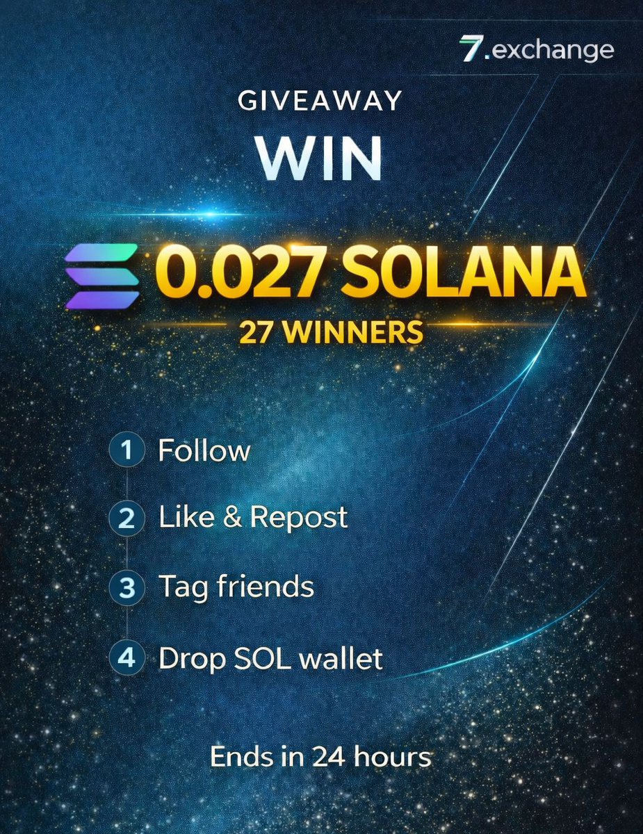 7exchangeDeFi's tweet image. 🎉 Time for another 7 Exchange giveaway 🎉

Join in a few simple steps:
1️⃣ Follow
2️⃣ Like
3️⃣ Repost
4️⃣ Tag friends
5️⃣ Drop your Solana wallet address

🌟 27 winners will be selected at random
Each winner receives 0.027 SOL

⏰ 24 hours only.
More giveaways ahead.
#Giveaway…