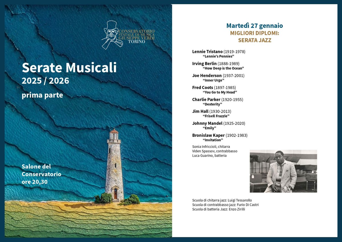 ConservatorioTo's tweet image. Un programma che rende omaggio a compositori che hanno segnato la storia del jazz, ciascuno con una voce unica e inconfondibile. Vi aspettiamo! Prenotazioni a questo link: eventi.conservatoriotorino.eu
#ConservatorioTorino #seratemusicali