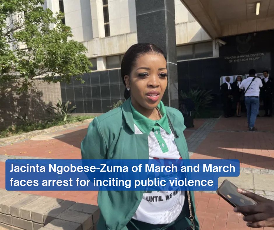 SundayTribuneSA's tweet image. Jacinta Ngobese-Zuma, leader of the March and March Movement, is set to hand herself over to the police amid allegations of inciting public violence against illegal immigrants.

READ MORE HERE: sundaytribune.co.za/news/2026-01-2…

#JacintaNgobeseZuma #MarchAndMarch #Activism #SouthAfrica