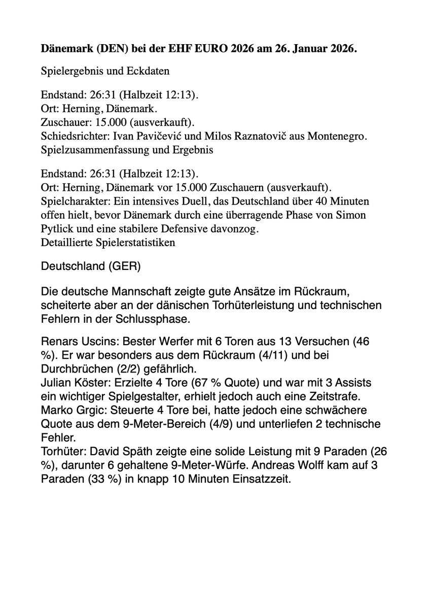 EUHandball's tweet photo. #Deutschland #Dänemark (DEN) bei der #EHF EURO 2026 am 26. Januar 2026 https://t.co/uavU4wwAou