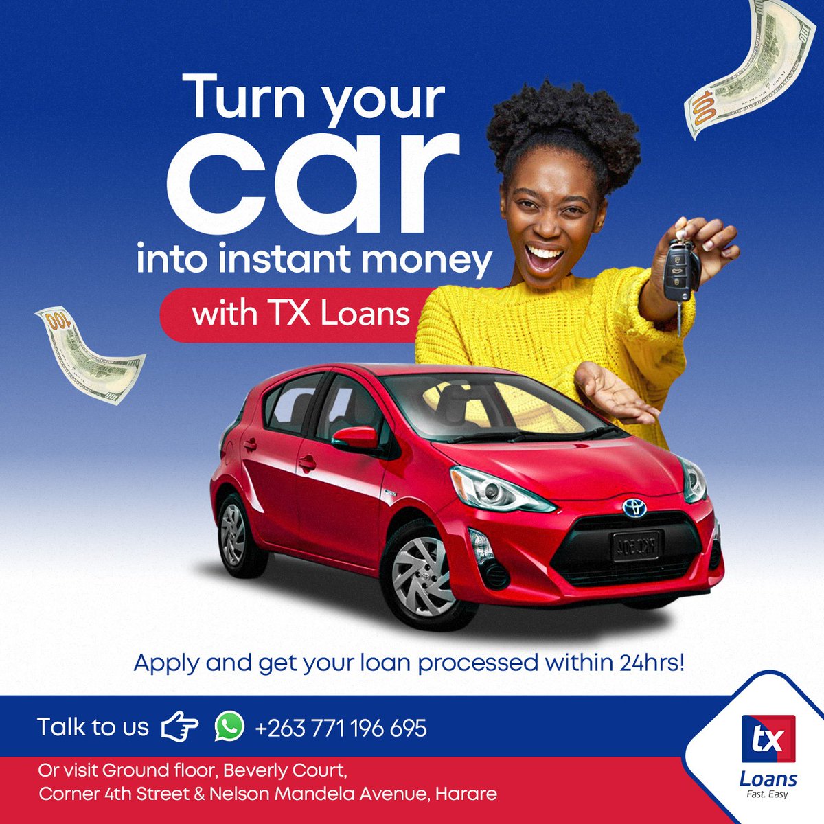 Why wait to receive money tomorrow that you can have  today?
 
Turn your car into instant cash with TX Loans and pay your bills, fund your business, or cover emergencies-all while keeping your peace of mind!

Loans are processed within 24 hours. 

Visit: Ground Floor, Beverly