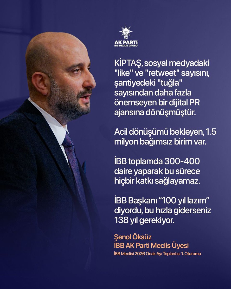 KİPTAŞ, sosyal medyadaki “like” ve “retweet” sayısını, şantiyedeki “tuğla” sayısından daha fazla önemseyen bir dijital PR ajansına dönüşmüştür.

İBB Başkanı “100 yıl lazım diyordu, bu hızla giderseniz 138 yıl gerekiyor.
<a href="/oksuzsenol/">Şenol ÖKSÜZ</a>