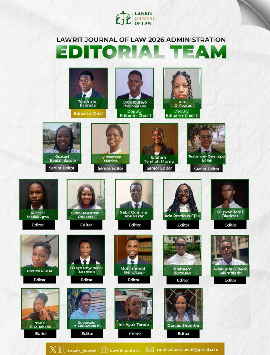 Introducing the 2026 LAWrit Journal of Law Editorial Team ⚖️
A team committed to excellence, quality legal scholarship, and impactful academic discourse.

Follow us for insightful publications, updates, and opportunities to publish.
#LAWritJournal #LegalScholarship #EditorialTeam