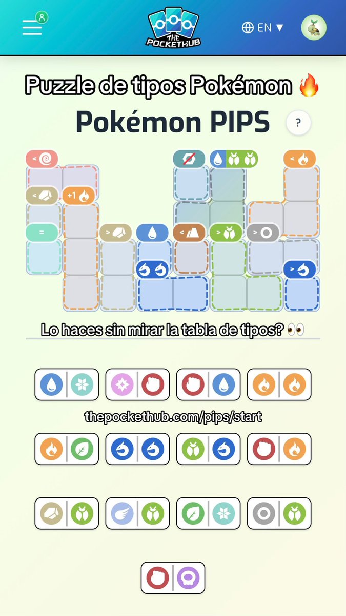 Te sabes la tabla de tipos? 👀🔥

PIPS diario: un puzzle de tipos Pokémon para entrenar sin mirar la tabla 😎

Juega aquí ➜ thepockethub.com/pips/start