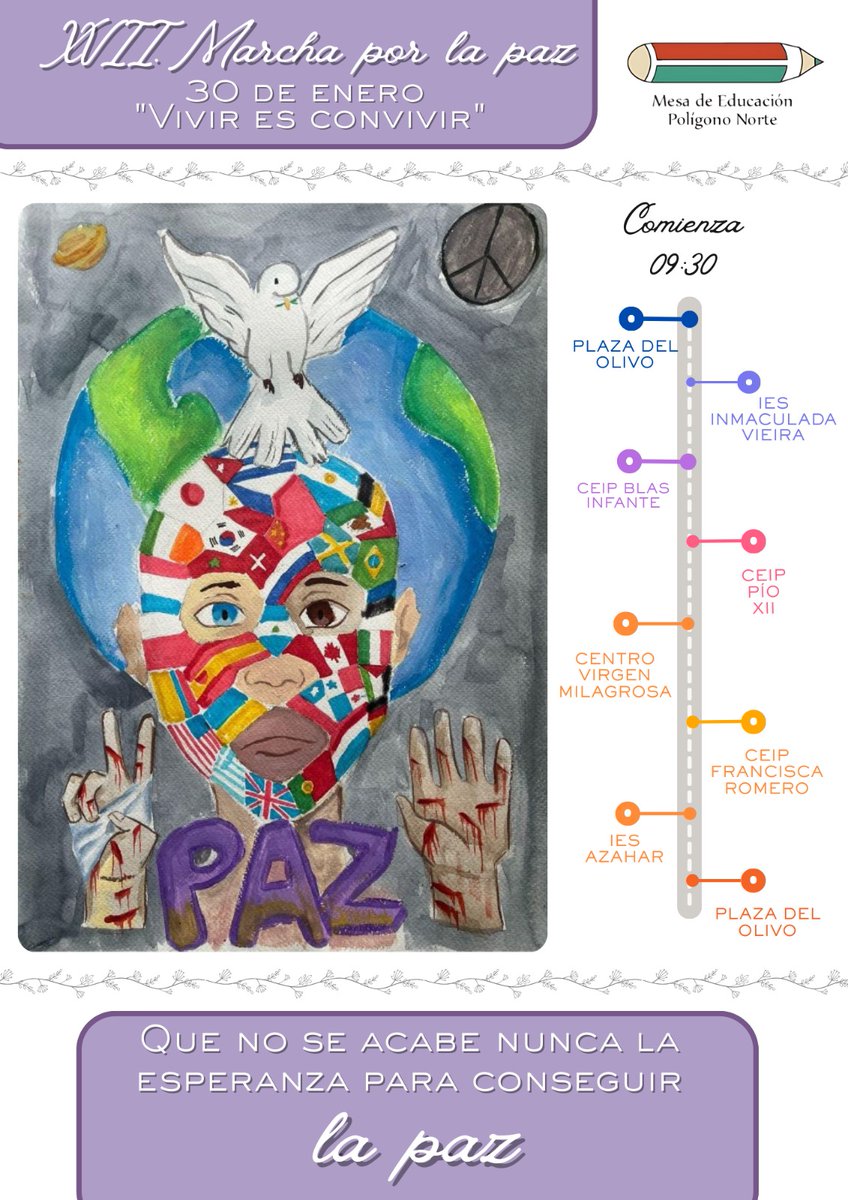 Otro año más, coordinados por la <a href="/NorteMesa/">Mesa de Educación del Polígono Norte (Sevilla)</a>, volvemos a organizar junto a centro educativos del barrio la Marcha por la Paz en el contexto del #díaescolarporlapazylanoviolencia #XVIIMarchaPorLaPaz