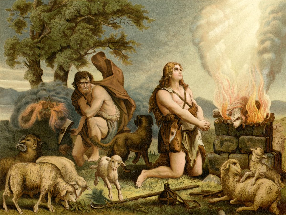 Cain brought God an offering of grain from his harvest.

Abel brought fat portions from the firstborn of his flock.

Genesis 4:4 - "The Lord looked with favor on Abel and his offering, but on Cain and his offering he did not look with favor."

God rejected the grain. Accepted the