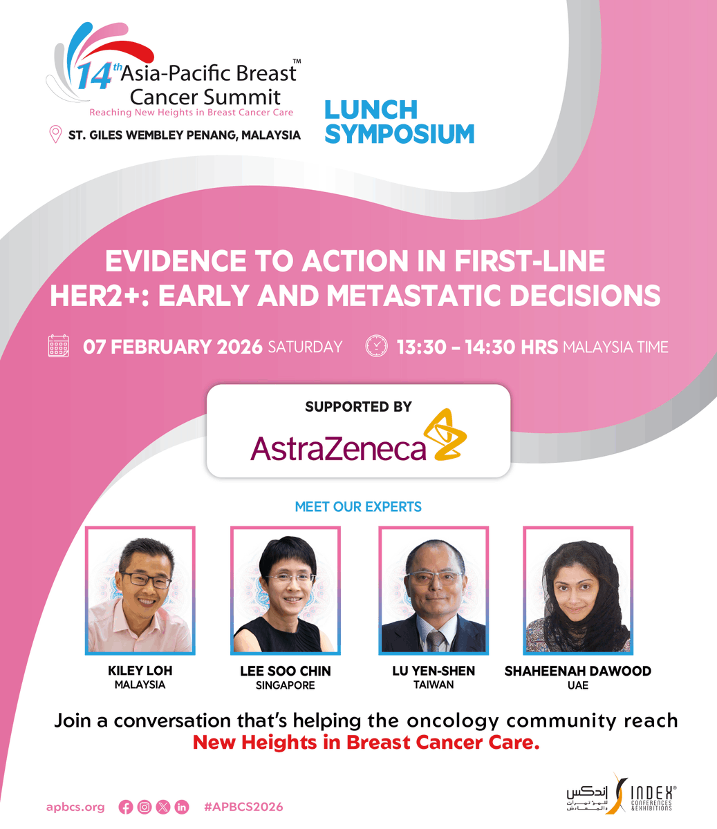 APBCSUMMIT's tweet photo. Explore how emerging and established evidence guides first-line treatment decisions in HER2+ early and metastatic disease. Insights for oncologists and multidisciplinary teams.

Sat, 7 Feb 2026 | 13:30–14:30 MYT

To Register: https://t.co/GNtqt3eP2l

#APBCS2026 #HER2Positive https://t.co/rzCK9ExJox