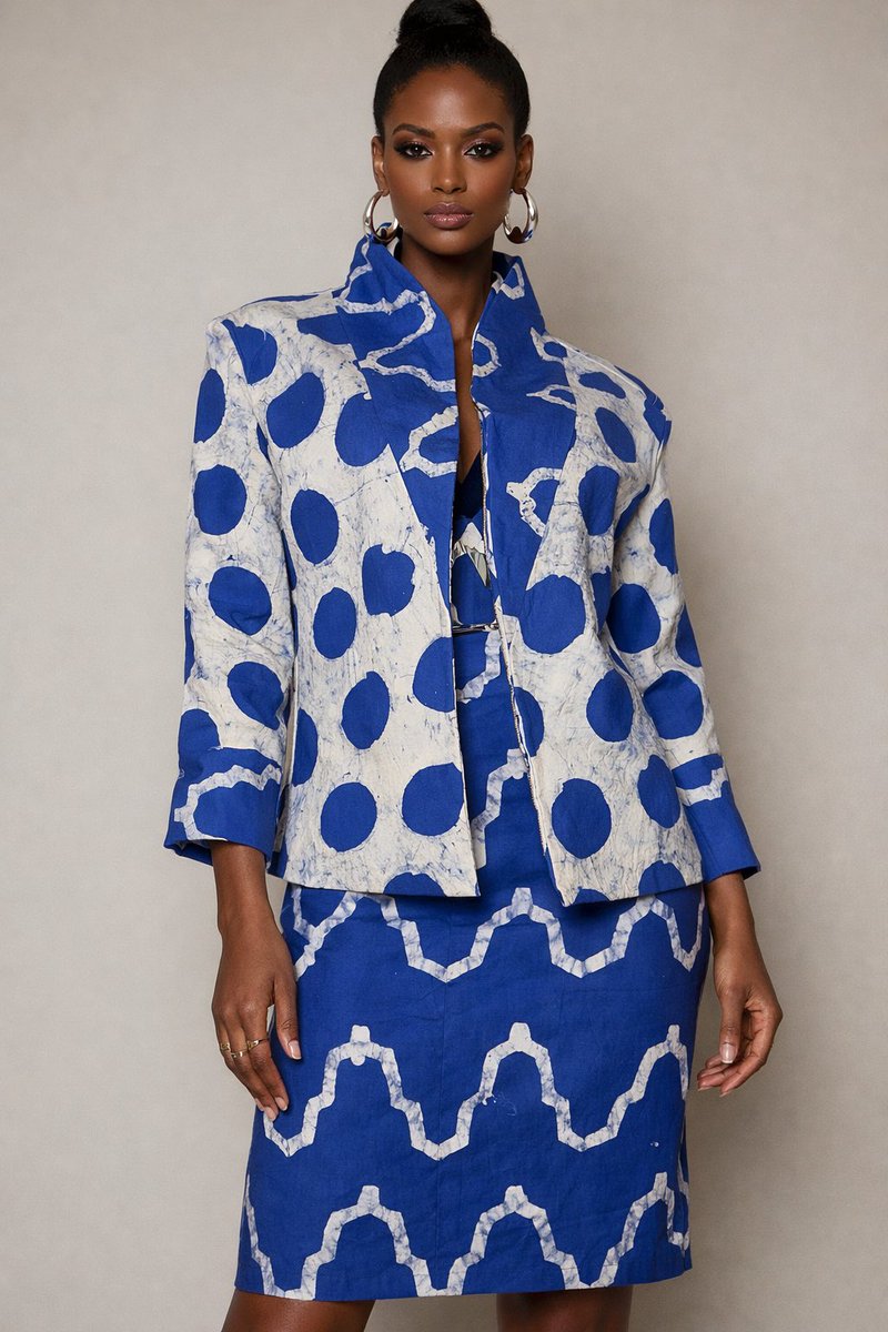 RhophysC's tweet photo. Blue has never looked this good, this piece is all about intentional design. The deep blue batik, the playful polka pattern on the jacket and the clean geometric lines on the skirt create a balance that feels fresh and confident. https://t.co/yLi4DLW3sE