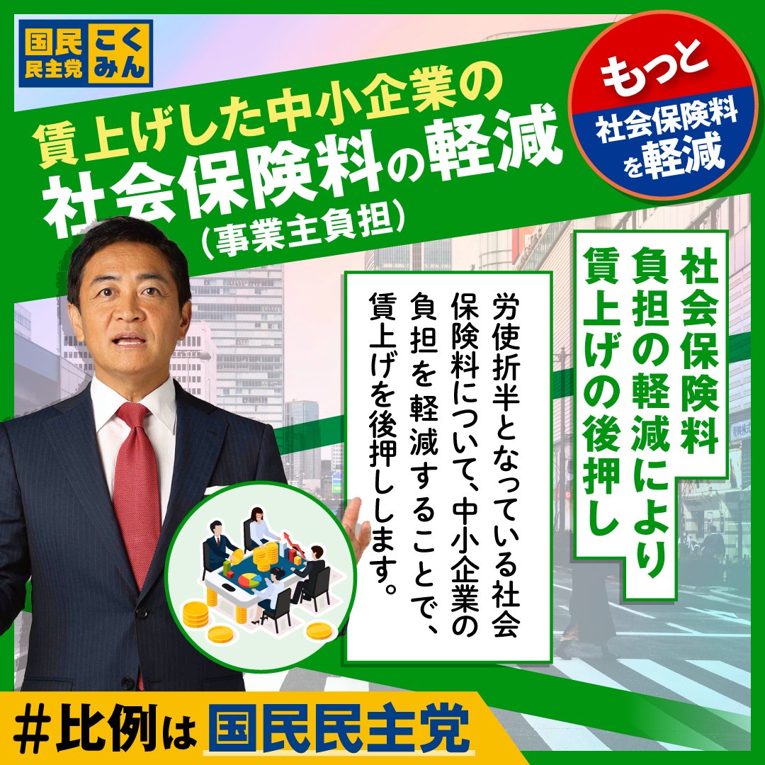 DPFPnews's tweet photo. 国民民主党は賃上げした中小企業の社会保険料（事業主負担）を軽減します。

「いいな」と思った政策を「いいね」、引用、リポストで応援してください！🔥
結果を後日ランキング発表します📊

#国民民主党にワクワク #比例は国民民主党 https://t.co/WCidyHcAV7