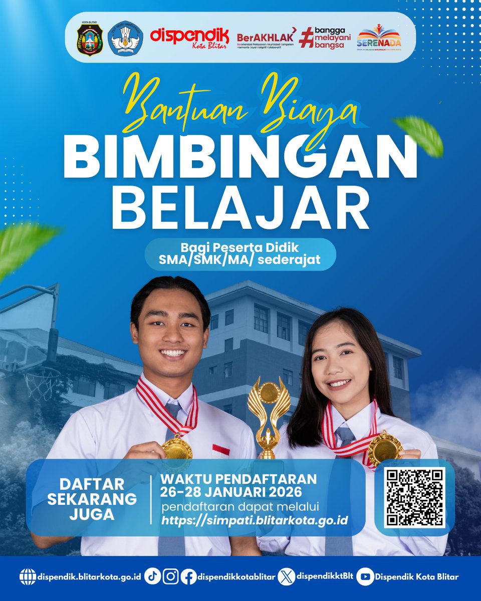 dispendikktBlt's tweet photo. Pemerintah Kota Blitar melalui Dinas Pendidikan menghadirkan Bantuan Biaya Bimbingan Belajar bagi peserta didik SMA/SMK/MA sederajat.

🗓 Pendaftaran: 26–28 Januari 2026
🌐 Daftar online: https://t.co/WcmnaYo5ft

Yuk, daftar sekarang juga dan jangan lewatkan kesempatan ini! https://t.co/7wAgeVuFmD